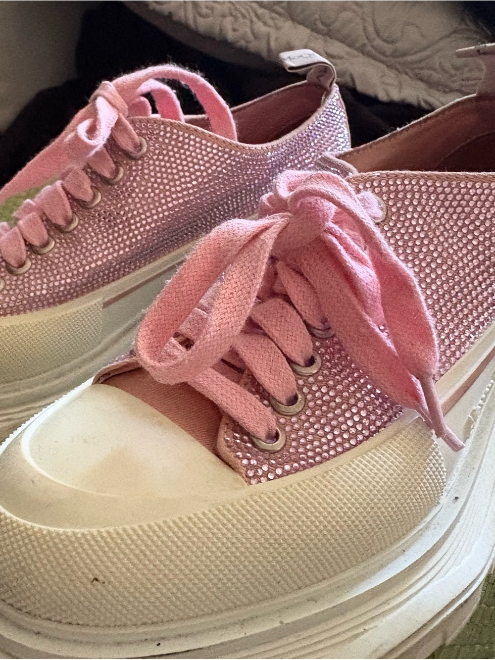Pink Rhinestone Platform Sneakers - Women's Casual Glitter Shoes